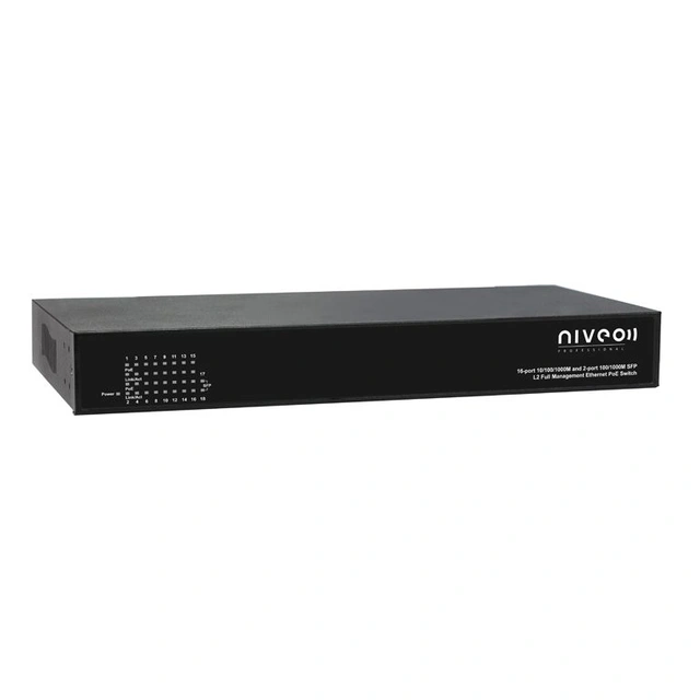NIVEO 16 Port 1G Switch, Rear L2+ mgt, PoE+ 250W, 2x SFP 