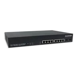 NIVEO 8 Port 1G Switch, Fanless L2+ mgt, PoE+ 130W, 2x SFP 