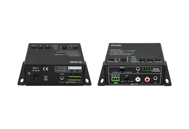 InfoBit - 2x20W Audio Amplifier MIC input 48V (2) RCA, (1) 3.5mm Jack 