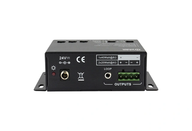 InfoBit - 2x20W Audio Amplifier MIC input 48V (2) RCA, (1) 3.5mm Jack 