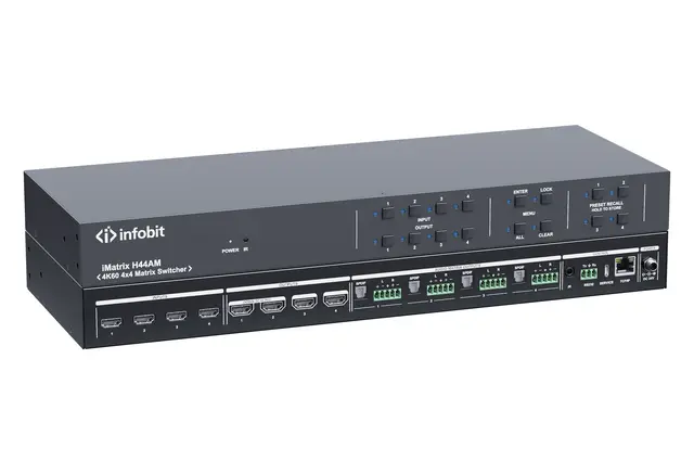 InfoBit - 4×4 HDMI matrix AUD OUT 4K@60 4:4:4 - IR, RS-232 or TCP/IP 