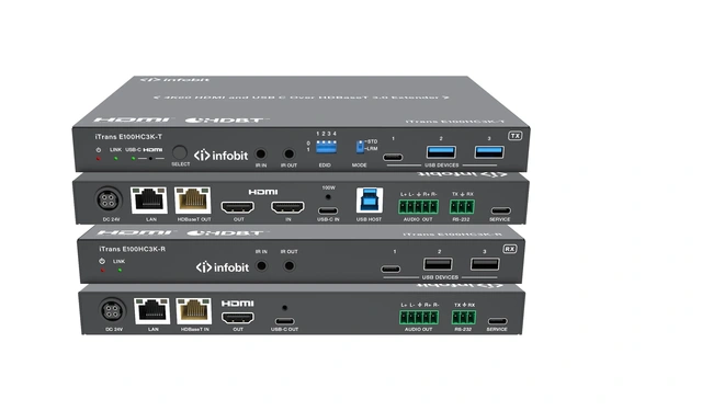 InfoBit - iTrans E100HC3K HDBT Extender 2×1 - 4K60-USB-C 100WPD in/ut HDMI in/ut 