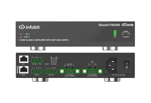 InfoBit - iSound PAD150 2x75W Forsterker Dante 2CH amp 2x75w 4O/8O/70V/100V 