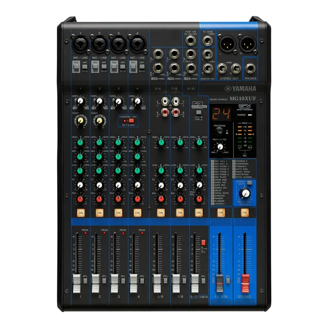 Yamaha Analog mixer, 4 mic/10 Line (4 mono+3 stereo) Digital effects 