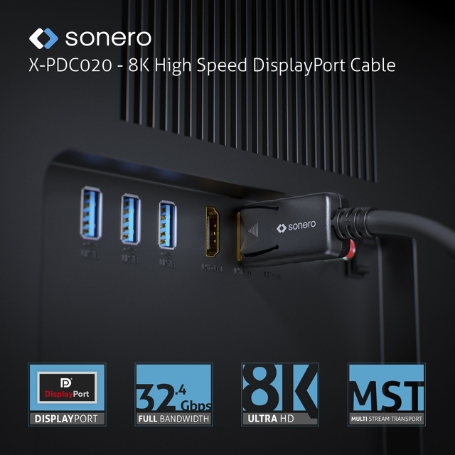 Sonero DisplayPort 8K kabel, 1m DP 1.4, 32.4Gbps, UHD-2 60Hz 