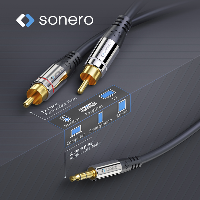 SoneroPremium stereo minijack-phono 10m 3.5mm/2xRCA, trippel skjerm, 4.0mm PVC 